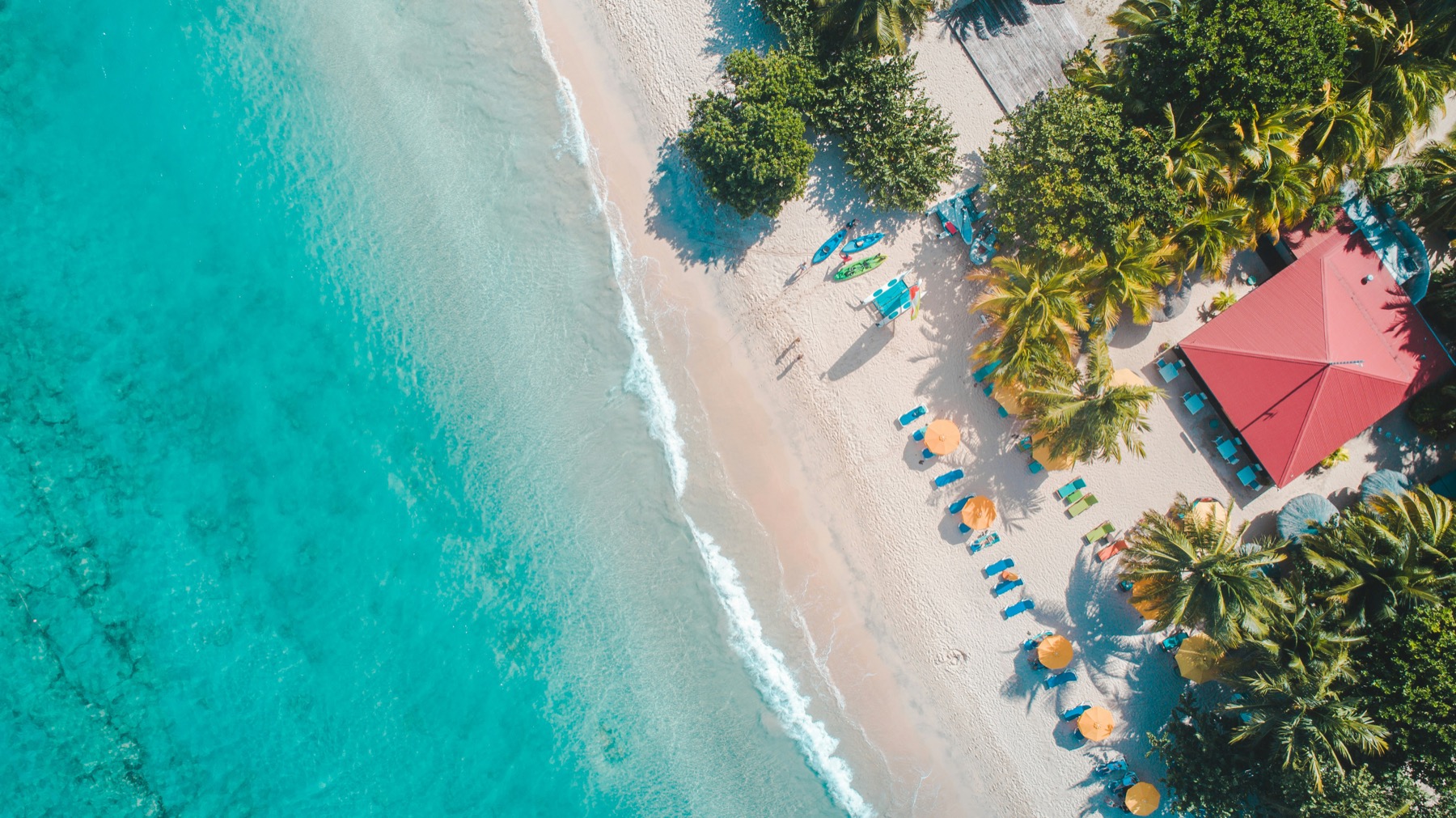 Aerial view of a Caribbean beach with turquoise water